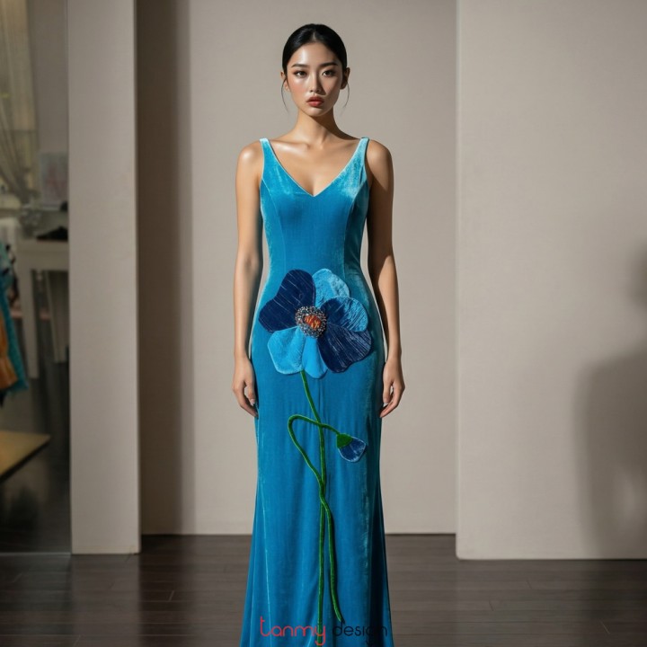 Đầm maxi 2 dây xẻ sườn thêu hoa 3D nhung xanh cobalt